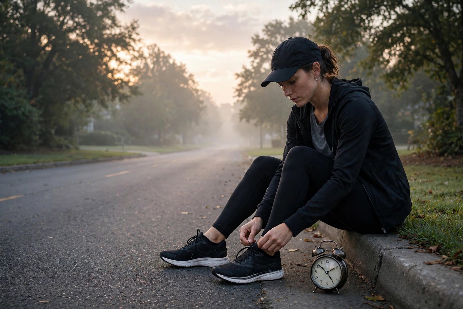 Athlete tying running shoes on a quiet road at dawn with an alarm clock on the pavement beside them, symbolizing daily discipline and a focused morning routine