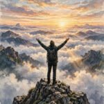 Person standing on a mountain peak above the clouds at sunrise, arms raised, epic dream-chasing scene, for dream quotes.
