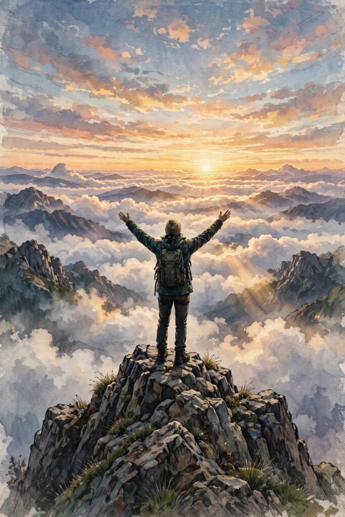 Person standing on a mountain peak above the clouds at sunrise, arms raised, epic dream-chasing scene, for dream quotes.