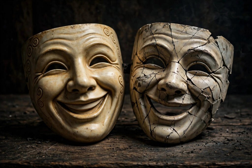 Two masks, one smiling and one cracked, on a dark wooden table with dramatic lighting, for fake friends quotes.