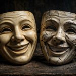 Two masks, one smiling and one cracked, on a dark wooden table with dramatic lighting, for fake friends quotes.