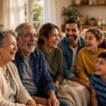 Happy multigenerational family laughing together in a sunlit living room, for family quotes
