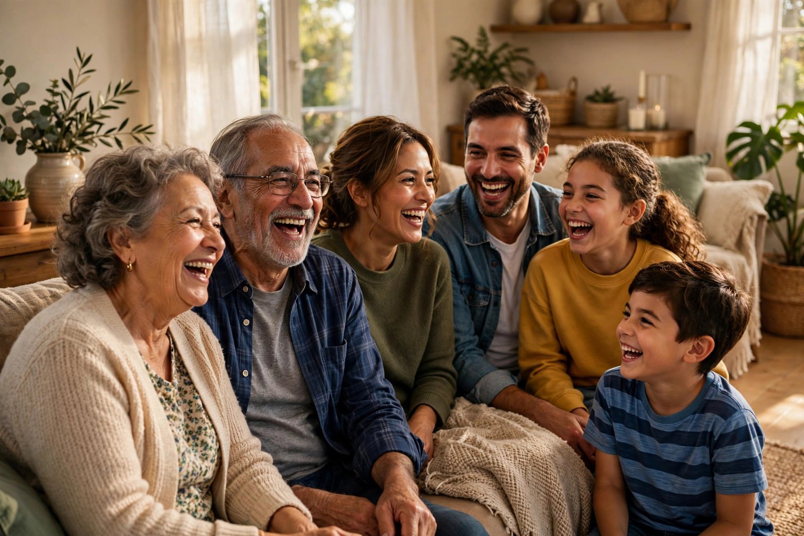 Happy multigenerational family laughing together in a sunlit living room, for family quotes