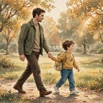 Father and child walking hand in hand through a sunlit park, warm nostalgic light, for father quotes.