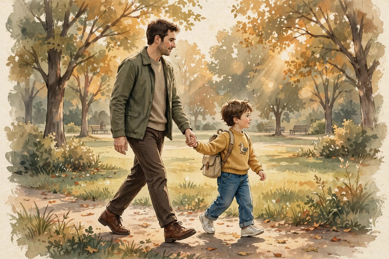 Father and child walking hand in hand through a sunlit park, warm nostalgic light, for father quotes.