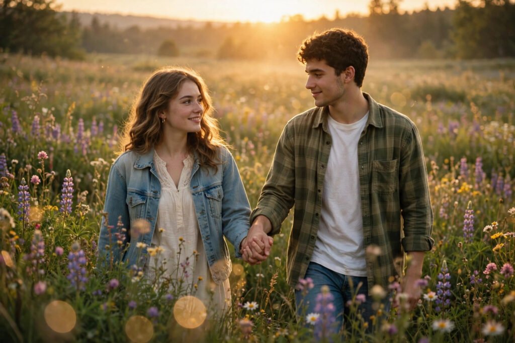 Young couple holding hands at golden sunset in a blooming wildflower meadow, symbolizing the innocence and magic of first love