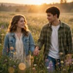 Young couple holding hands at golden sunset in a blooming wildflower meadow, symbolizing the innocence and magic of first love