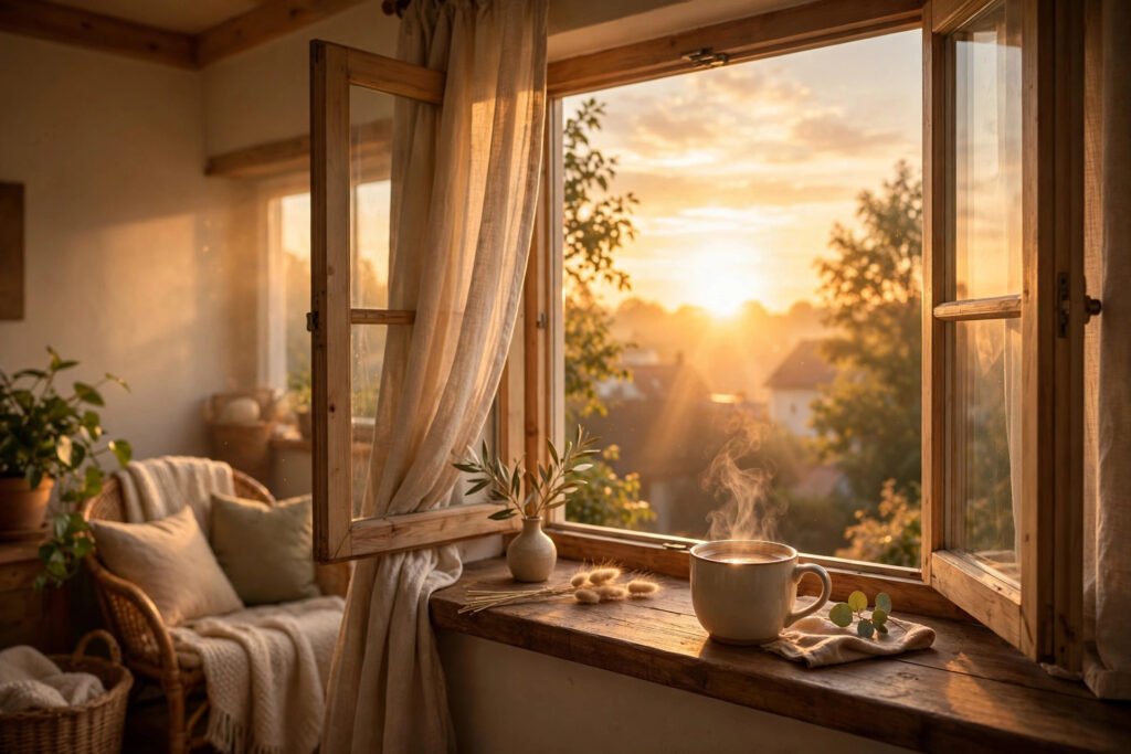 Warm sunrise glowing through an open bedroom window with a steaming cup of coffee on the windowsill, cheerful good morning scene