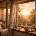 Warm sunrise glowing through an open bedroom window with a steaming cup of coffee on the windowsill, cheerful good morning scene