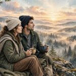 Couple watching the sunrise together over a misty valley, coffee cups in hand, soft morning light, for good morning quotes for love.