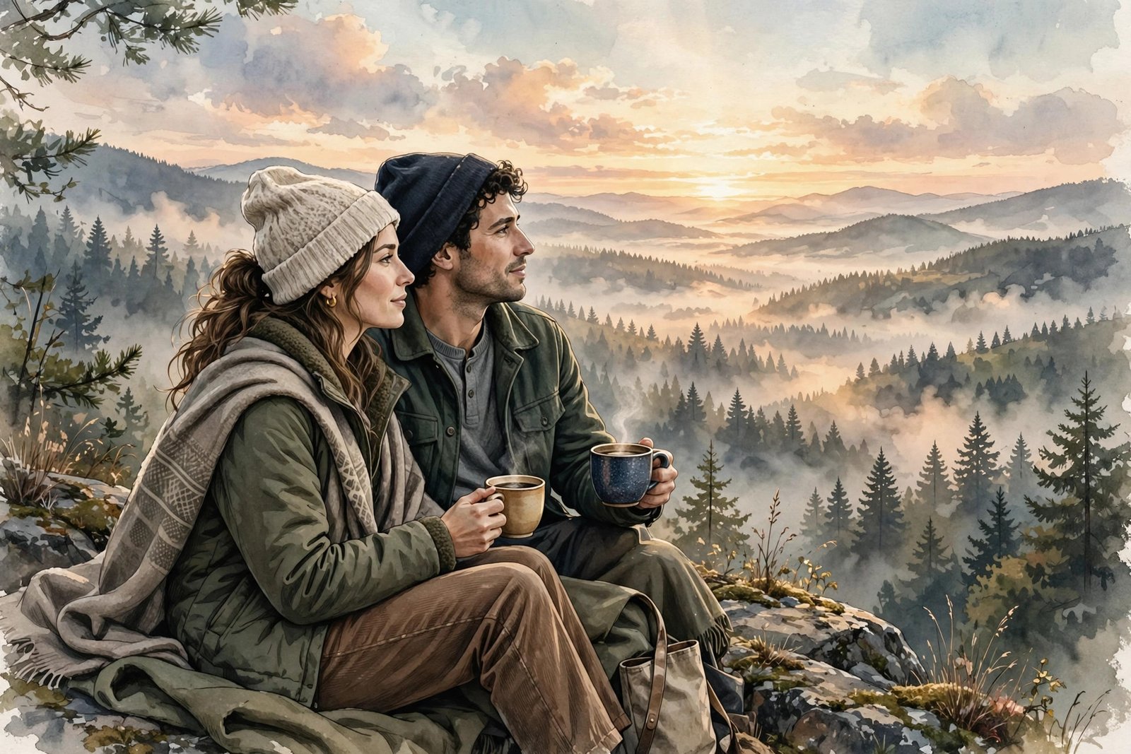 Couple watching the sunrise together over a misty valley, coffee cups in hand, soft morning light, for good morning quotes for love.