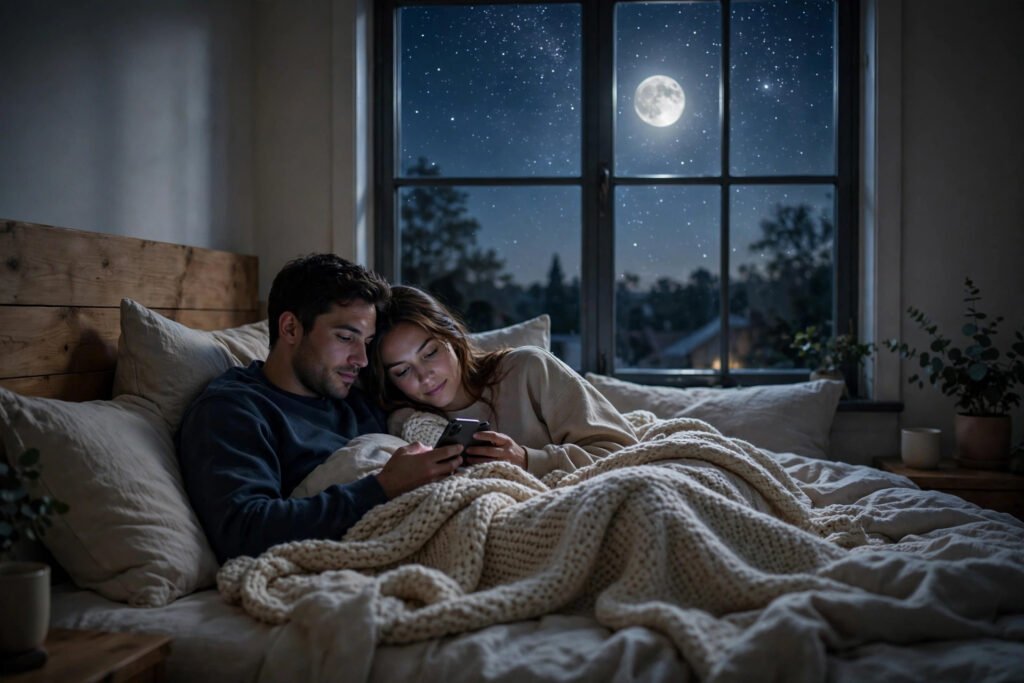 Moonlit bedroom window with stars and a couple texting under a shared blanket, dreamy night glow, for good night quotes for love.