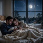 Moonlit bedroom window with stars and a couple texting under a shared blanket, dreamy night glow, for good night quotes for love.