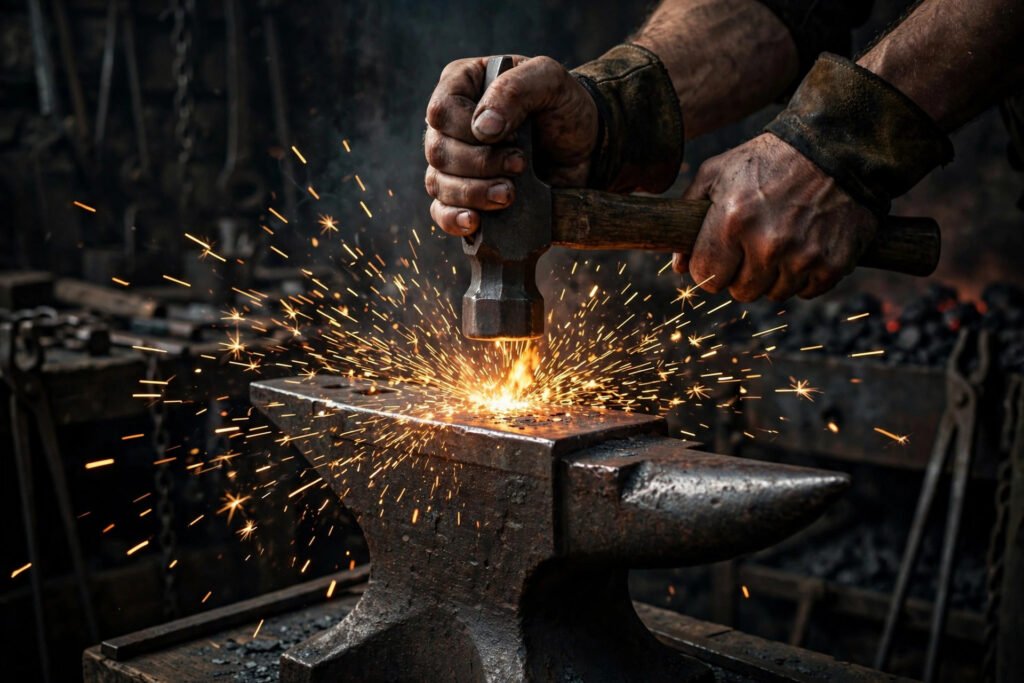 Hands gripping a hammer over an anvil with sparks flying in a dark workshop, for hard work quotes.