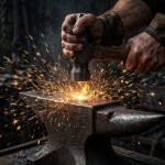 Hands gripping a hammer over an anvil with sparks flying in a dark workshop, for hard work quotes.