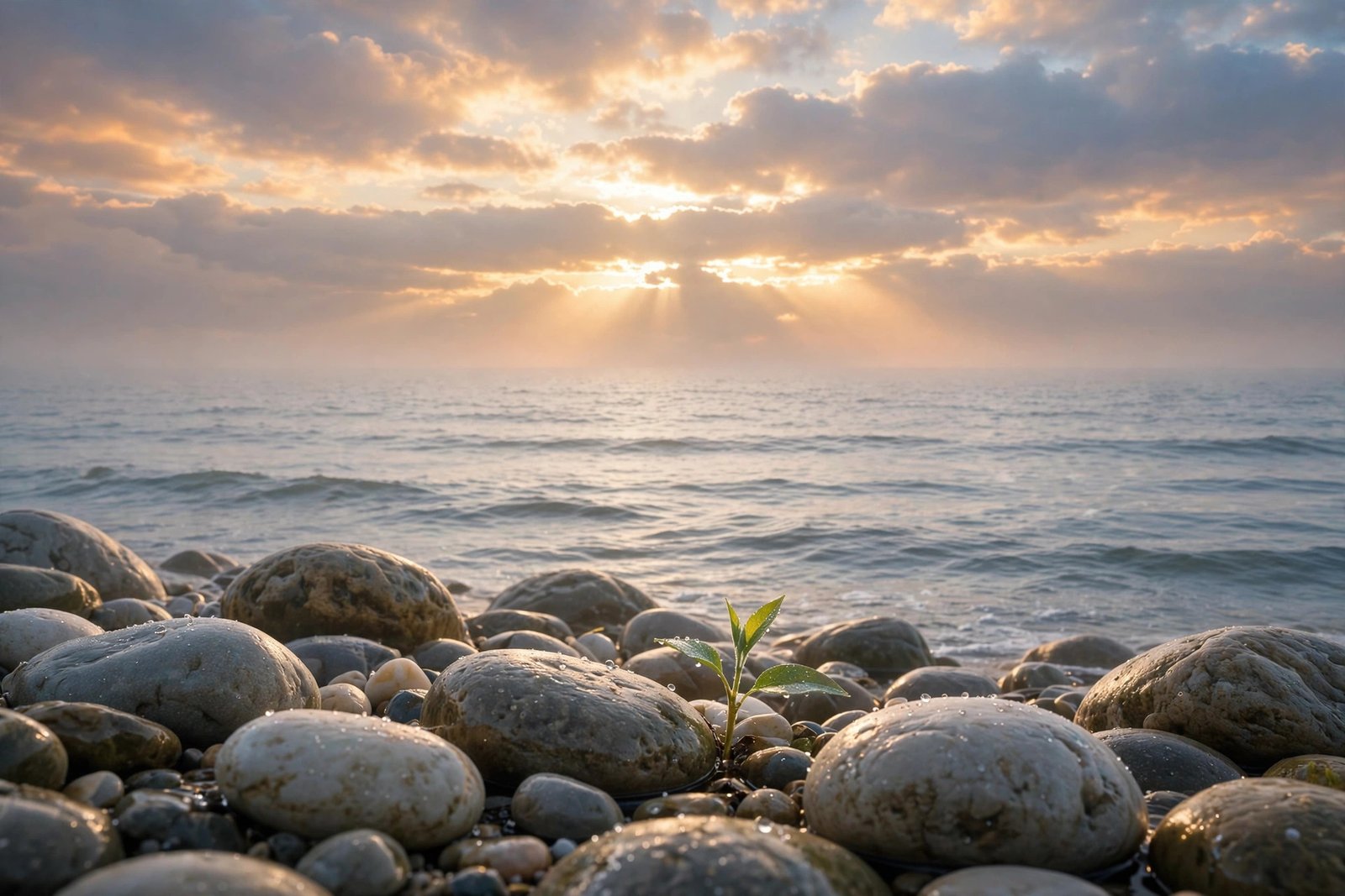 Sunrise over calm ocean waves with a small plant sprouting from smooth stones, symbolizing emotional healing and new hope