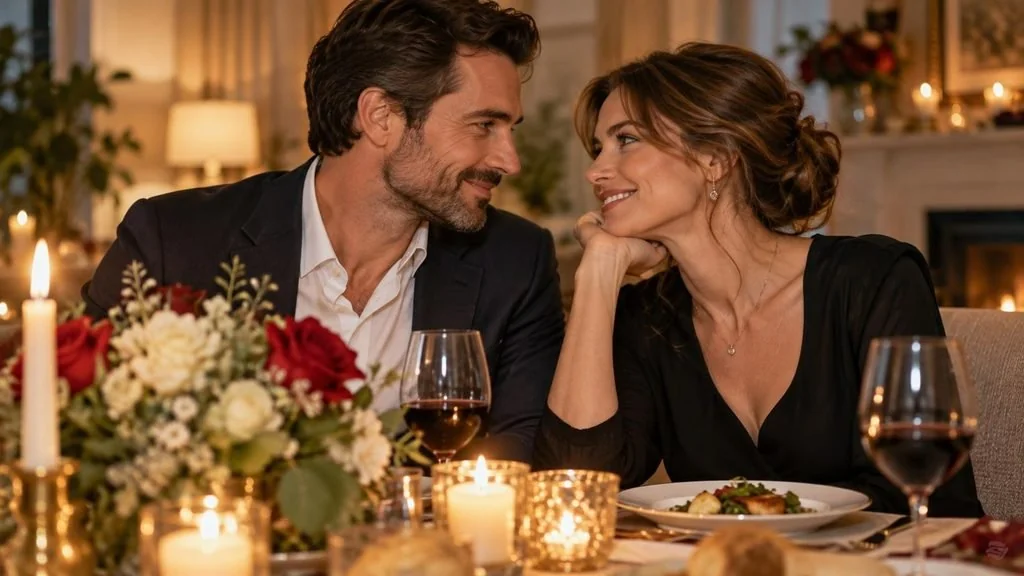 Couple smiling at each other over a candlelit anniversary dinner table with wine glasses and flowers