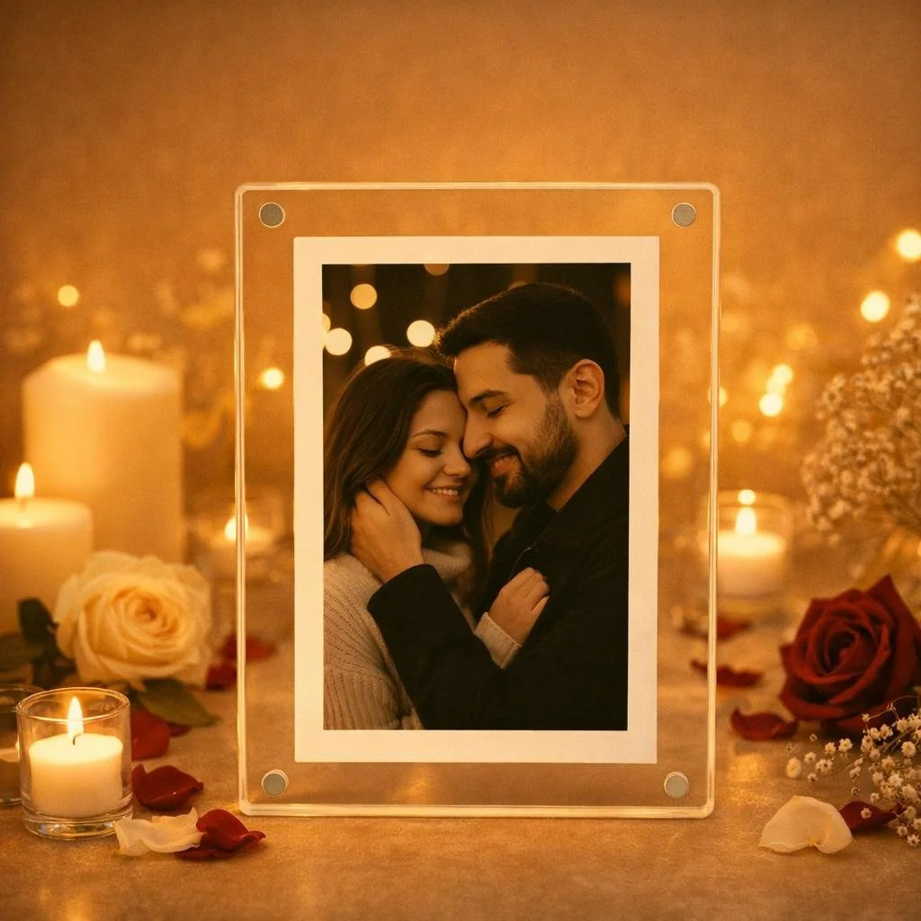 Framed photo of a smiling couple surrounded by glowing candles, roses and rose petals