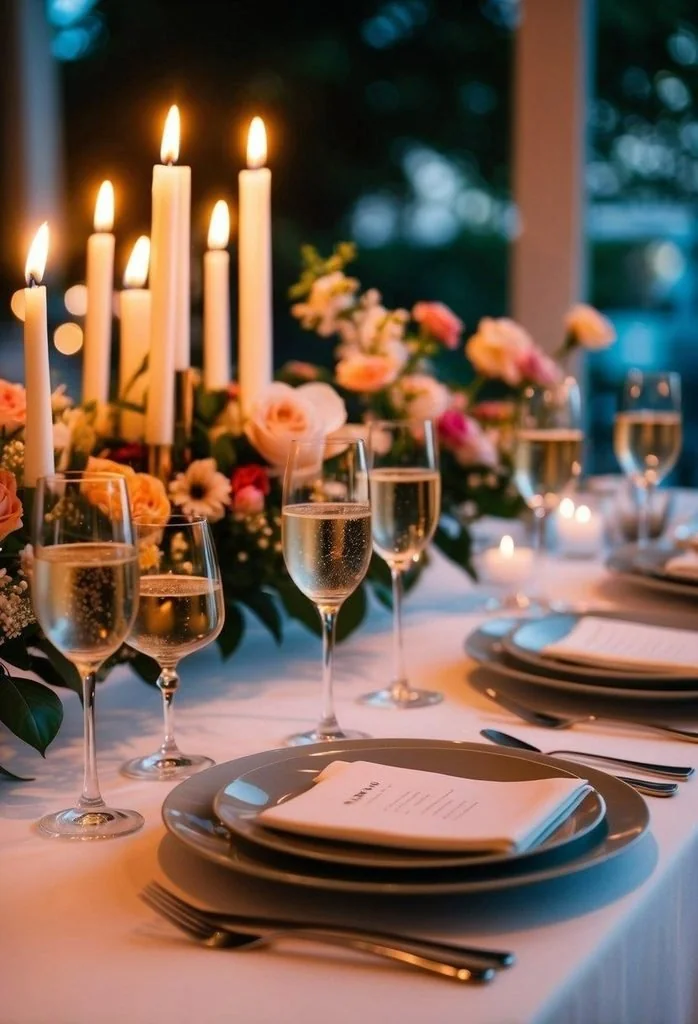 Romantic anniversary dinner table set with champagne glasses, lit candles and flowers
