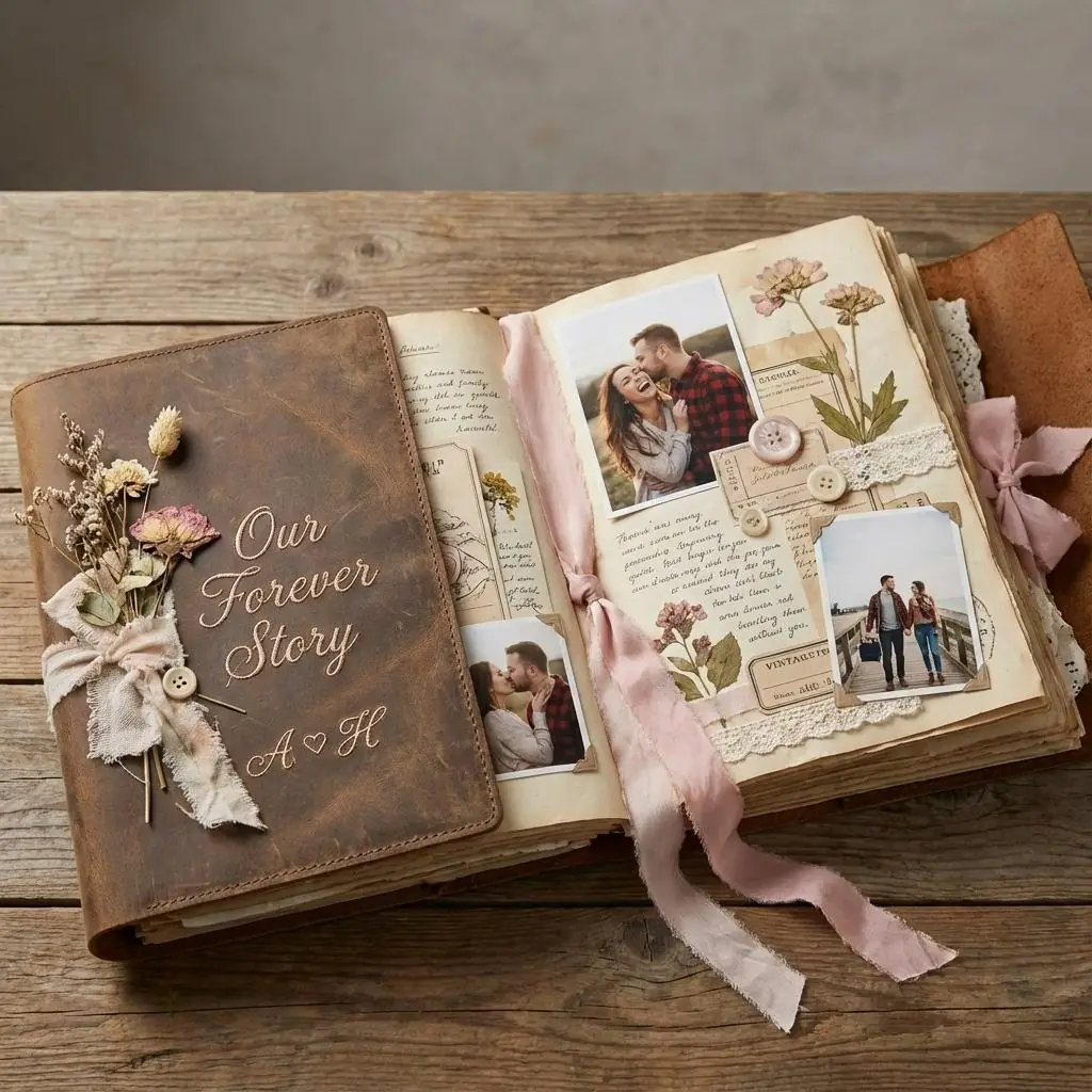 Open anniversary memory book titled Our Forever Story with couple photos, notes and pressed flowers