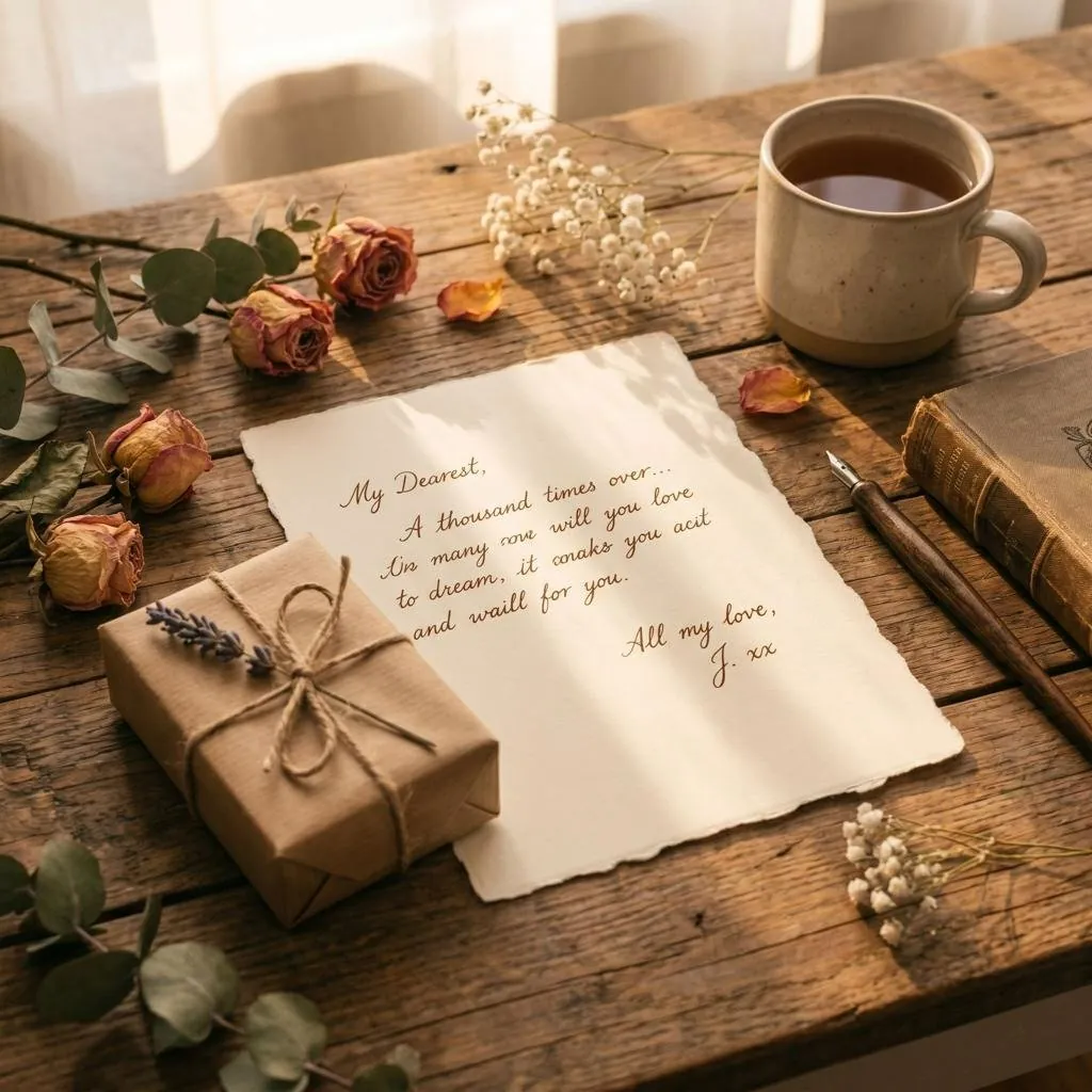 Handwritten anniversary love note on a rustic wooden table with dried roses, a small twine-wrapped gift and a coffee cup