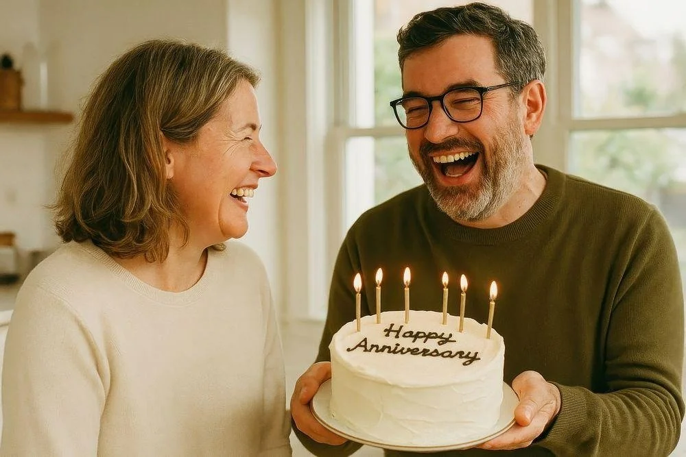 Happy couple laughing while holding an anniversary cake with lit candles that reads Happy Anniversary
