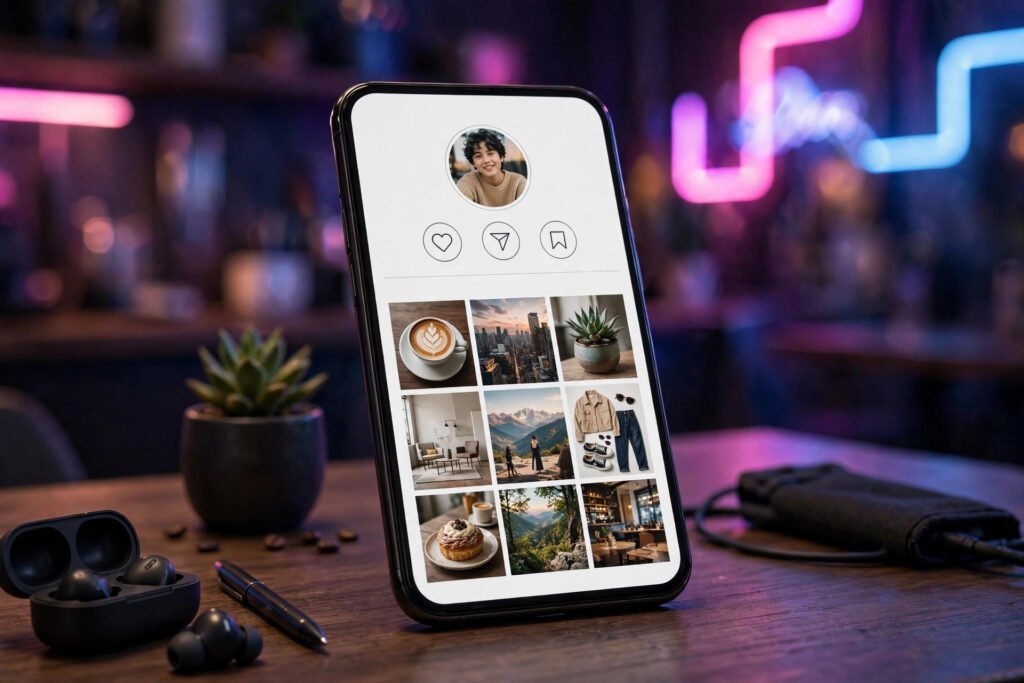Smartphone showing a stylish Instagram profile on a desk with neon lights in the background, for instagram bio quotes.