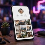 Smartphone showing a stylish Instagram profile on a desk with neon lights in the background, for instagram bio quotes.