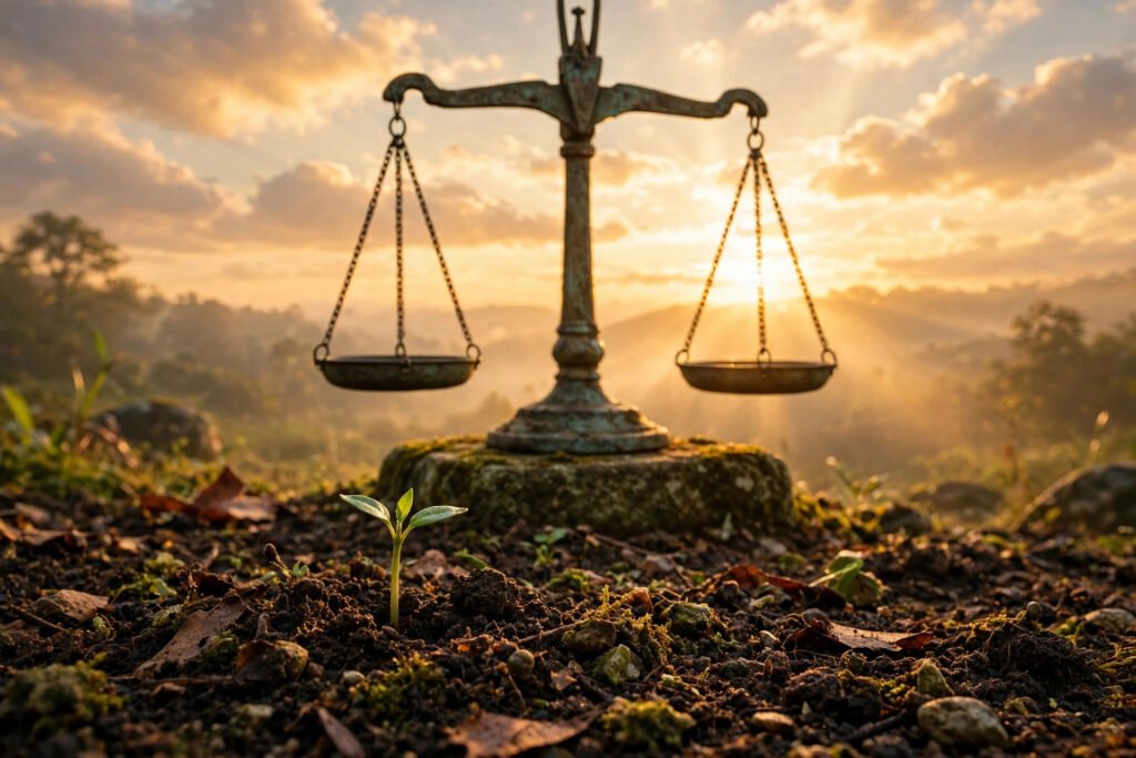 Ancient balanced scales under a golden sunrise with a seedling sprouting in rich soil, for karma quotes