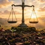 Ancient balanced scales under a golden sunrise with a seedling sprouting in rich soil, for karma quotes