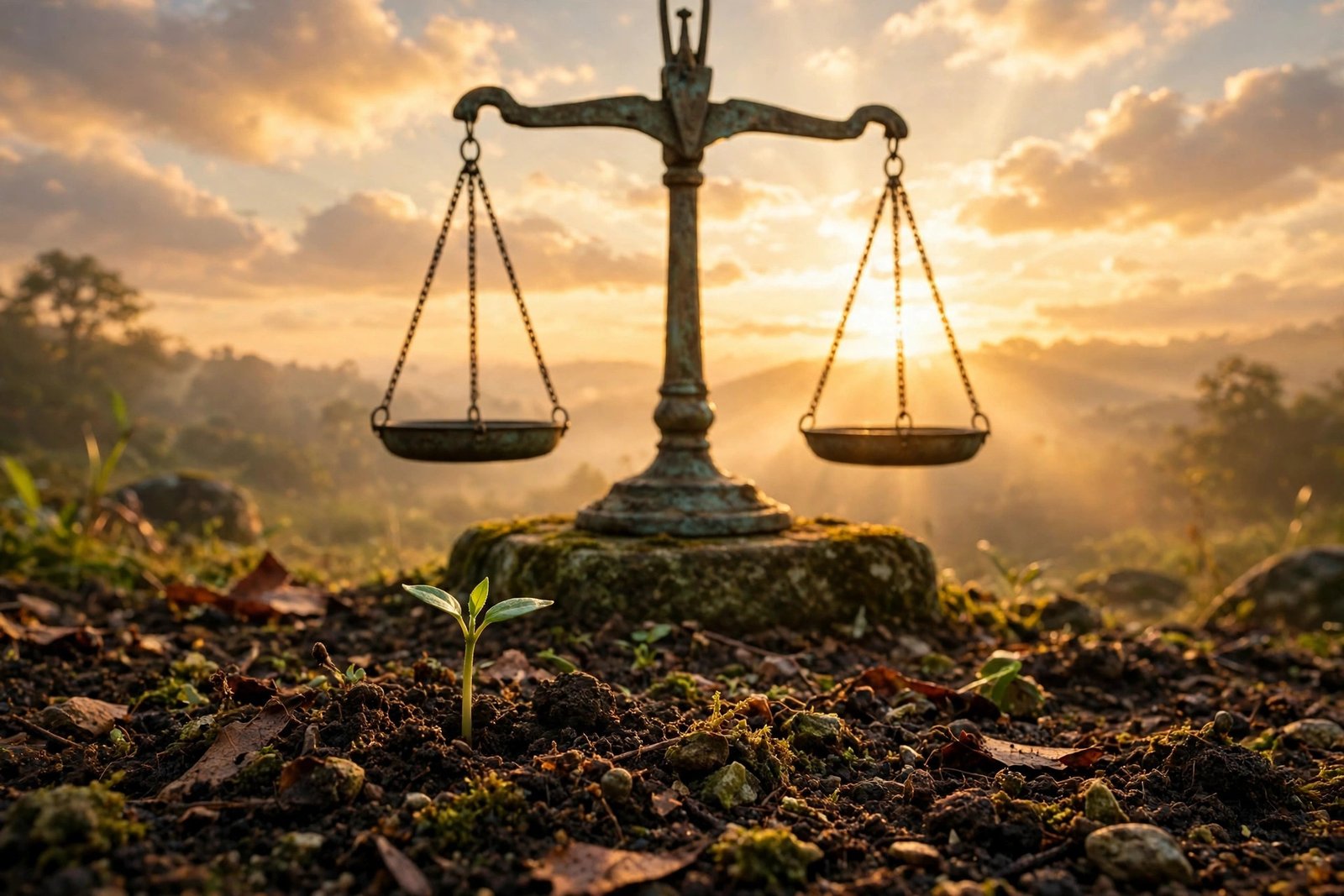 Ancient balanced scales under a golden sunrise with a seedling sprouting in rich soil, for karma quotes