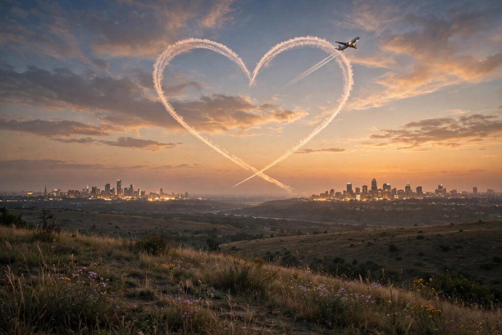An airplane drawing a heart-shaped contrail in a warm dusk sky above two distant glowing city skylines, a hopeful symbol of love across the miles for long distance relationship quotes.
