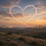 An airplane drawing a heart-shaped contrail in a warm dusk sky above two distant glowing city skylines, a hopeful symbol of love across the miles for long distance relationship quotes.