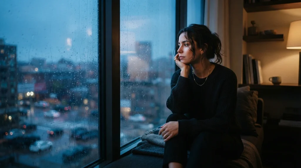Person reflecting beside a rain-streaked window after heartbreak