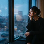 Person reflecting beside a rain-streaked window after heartbreak