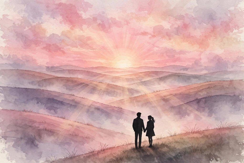 Dreamy pink sunrise over rolling hills with a couple holding hands in silhouette, soft glowing light, for love quotes for her.