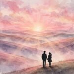 Dreamy pink sunrise over rolling hills with a couple holding hands in silhouette, soft glowing light, for love quotes for her.