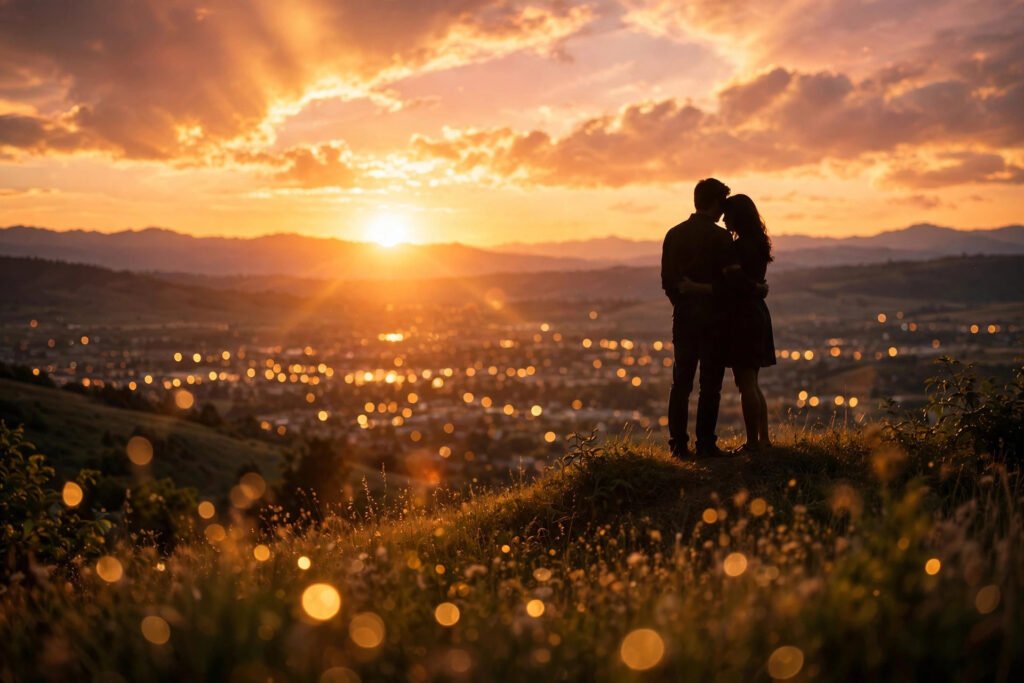 Romantic sunset landscape with a couple's silhouette embracing on a hilltop above glowing city lights, surrounded by warm golden bokeh, for love quotes for him.