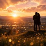 Romantic sunset landscape with a couple's silhouette embracing on a hilltop above glowing city lights, surrounded by warm golden bokeh, for love quotes for him.