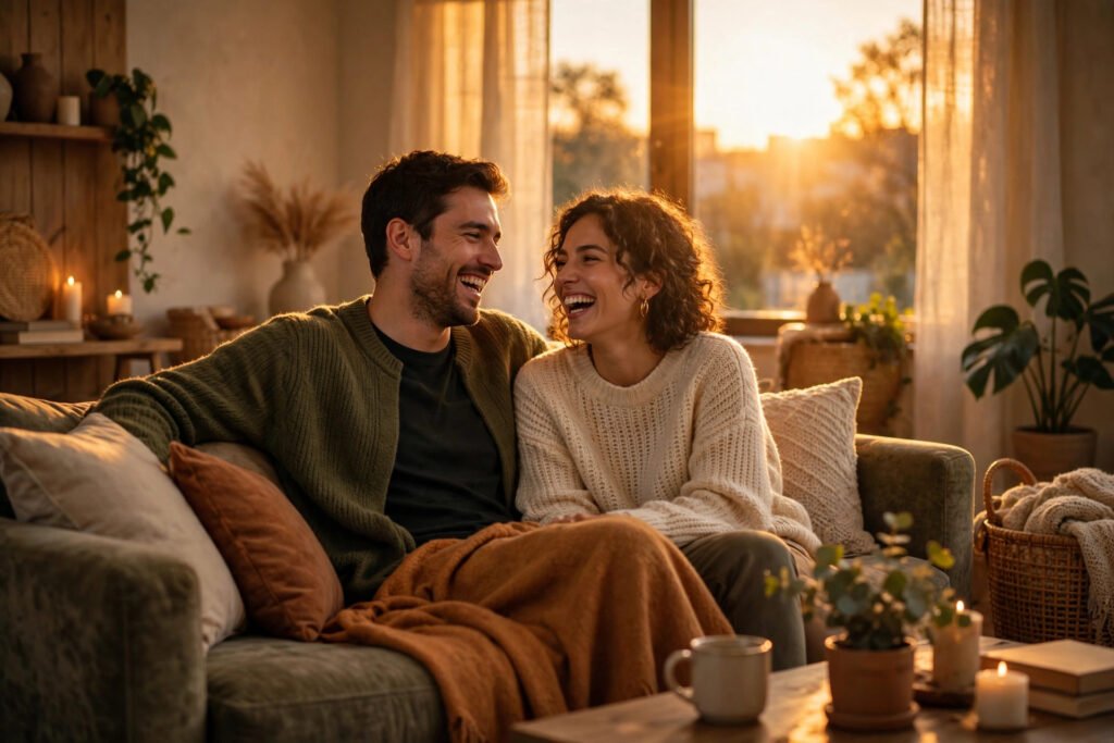 Warm golden evening light over a cozy living room with a couple laughing on a sofa, for love quotes for husband.