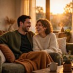 Warm golden evening light over a cozy living room with a couple laughing on a sofa, for love quotes for husband.