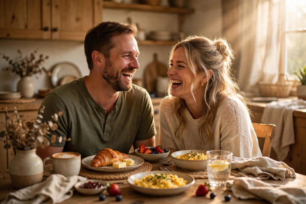 Soft morning sunlight on a husband and wife laughing together over breakfast, for love quotes for wife