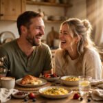 Soft morning sunlight on a husband and wife laughing together over breakfast, for love quotes for wife