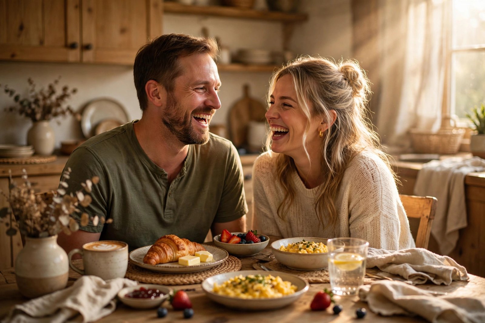Soft morning sunlight on a husband and wife laughing together over breakfast, for love quotes for wife