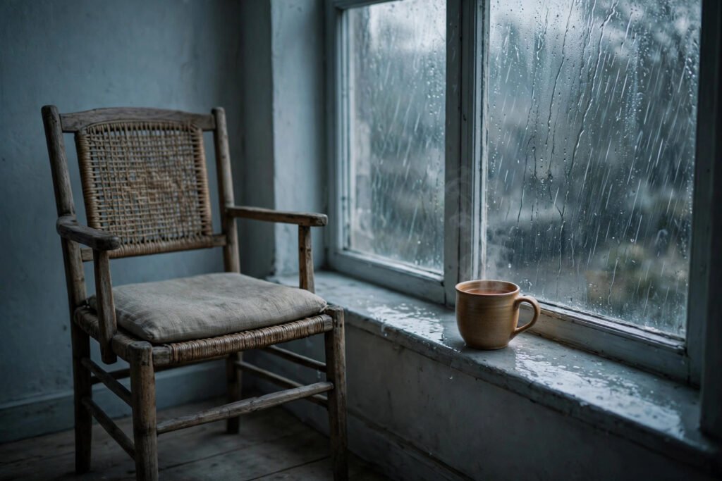 Lonely empty chair beside a rain-streaked window with a warm cup of tea, for missing someone quotes