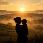 Silhouette of a mother tenderly holding her young child at sunrise, bathed in golden morning light with misty hills behind them — a tender tribute to a mother's love.