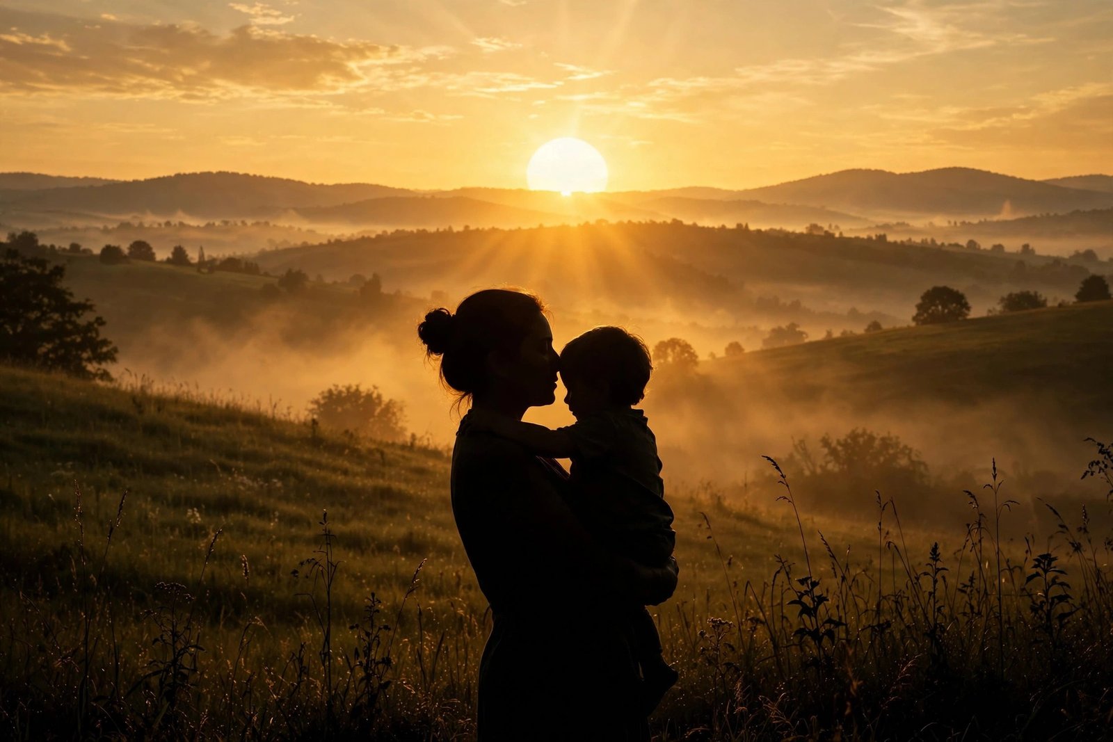 Silhouette of a mother tenderly holding her young child at sunrise, bathed in golden morning light with misty hills behind them — a tender tribute to a mother's love.