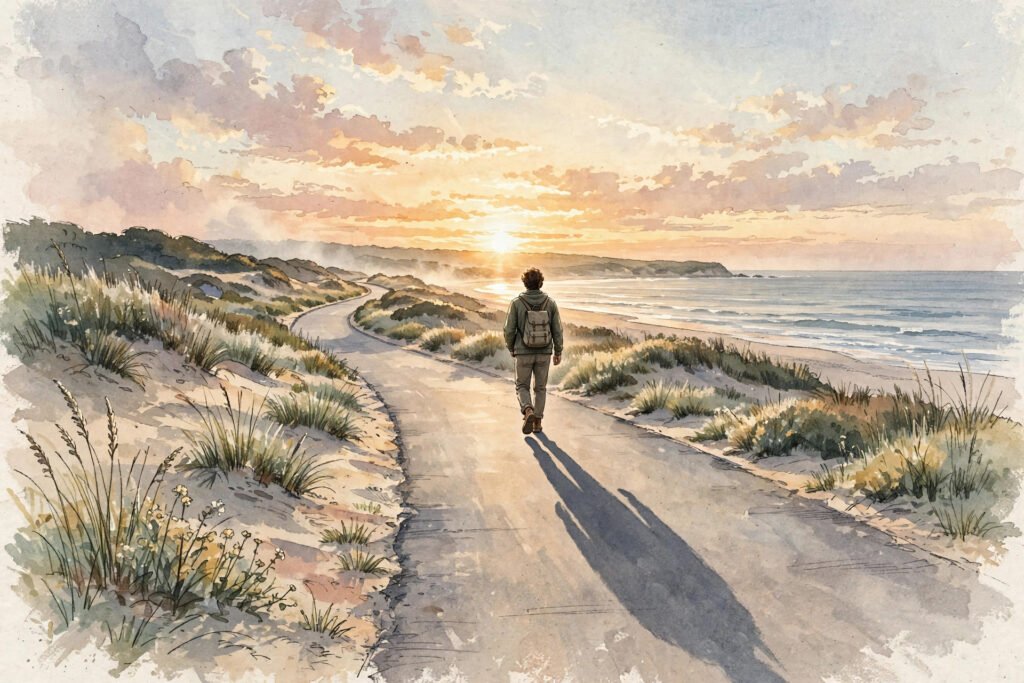 Person walking alone on a quiet beach road at sunrise, long shadow stretching ahead, hopeful fresh-start mood, for moving on quotes.