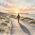 Person walking alone on a quiet beach road at sunrise, long shadow stretching ahead, hopeful fresh-start mood, for moving on quotes.