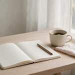 Minimal desk with notebook, pen, and coffee under soft window light, clean aesthetic, for one-line quotes.